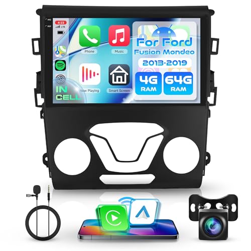 Rimoody 4G+64G Android Car Stereo Radio for Ford Fusion/Ford Mondeo 2013-2019 with Wireless Carplay Android Auto 9 Incell-Screen Head Unit GPS Bluetooth5.0 5G-WiFi FM/RDS EQ Backup Camera SWC