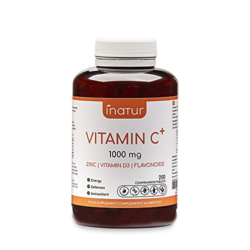 Vitamina C 1000 mg 200 comprimidos | Inatur | Vitamina D3, Zinc y Flavonoides | Dosis 7 meses | Sistema Inmune Defensas Energía y Antioxidante | Vegana Sin Aditivos Sin Lactosa Sin Gluten