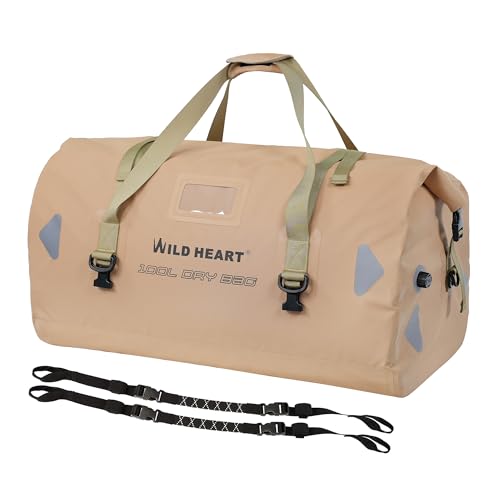 WILD HEART 防水バッグ ダッフルバッグ 40L 66L 100L 溶接シームショルダーストラップ付き バインディングロープ カヤック キャンプ ボート/バイサイクル オートバイドラムバッグ ツーリング シートバッグ オートバイ アウトドア (Khaki, 100L)