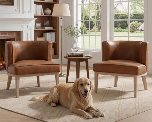 Image of Brown Leather Barrel Chairs Set of 2 with Solid Wood Frame, Small Round Accent Chairs Set of 2, Comfy Linen Accent Chairs for Living Room