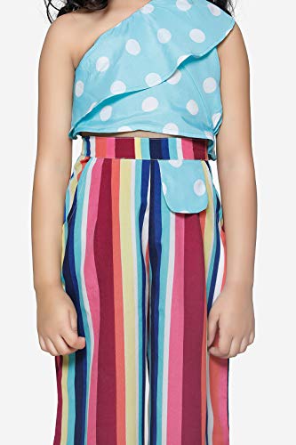 Image of LILPICKS Girls' One Side Shoulder Polka Top with Striped Palazzo Set (Powder Blue & Multicolor)