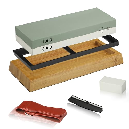 hajegato Sharpening Stone, Kitchen Knife Whetstone with Angle Guide Non-Slip Bamboo Base grit 1000/6000 Japanese Knife Sharpeners, Professional 2-in-1 Wetstone