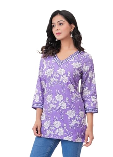 Image of Women's Floral Print Tunic Top, 3 /4 Sleeve, V-Neck, Casual Wear
