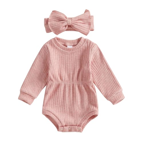 Image of Karwuiio Newborn Baby Girl Fall Outfits Long Sleeve Ribbed Knit Jumpsuit Romper with Headband Infant Clothes Sets