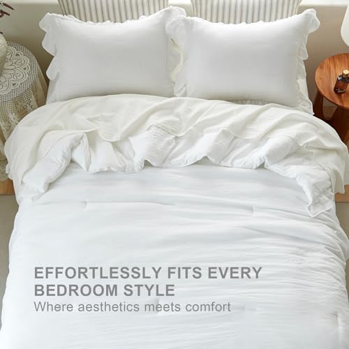 Image of White Ruffle Comforter Set Queen, Pre-Washed Shabby Chic Bedding Set, Lightweight Cottagecore Soft Romantic Cozy 1 Comforter & 2 Shams, All-Season