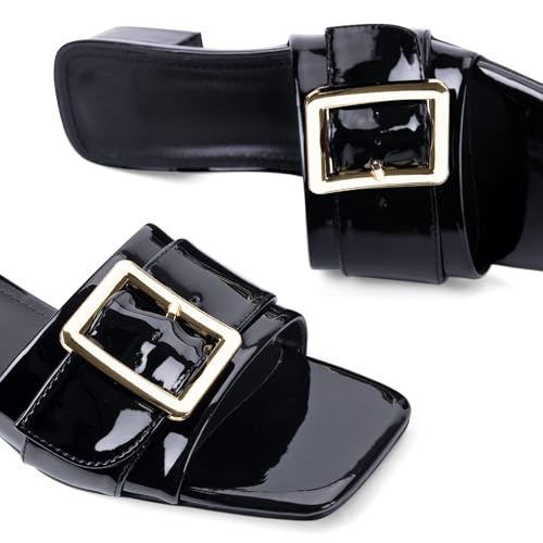 Image of Women's Slide Heeled Sandals Opened Square Toe Chunky Block Heel Slippers with Buckle Slip on Casual Comfortable Pumps