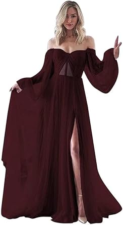 Puffy Sleeve Prom Dresses 2024 Long Ball Gowns for Women Formal Tulle Off the Shoulder Princess Wedding Dress for Bride