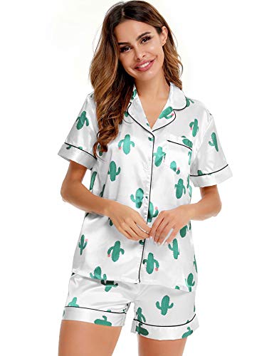 Image of SWOMOG Womens Silk Satin Pajamas Set Short Sleeve Sleepwear Button Down Top and Shorts Loungewear 2 Piece Pjs Set XS-3XL(Cactus White, XX-Large)