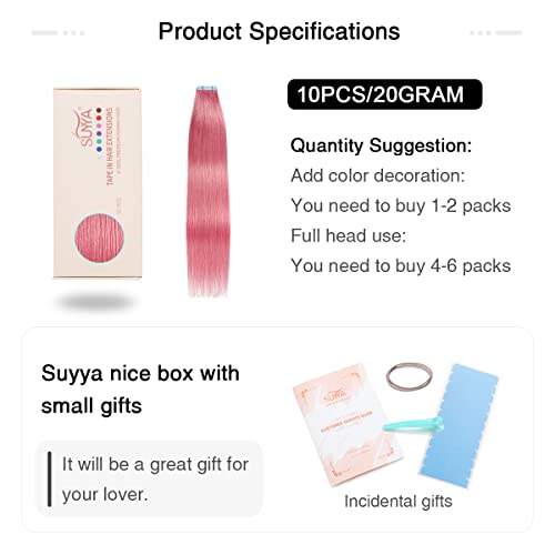 Image of SUYYA Tape In Hair Extensions Human Hair 16 Inch Hot pink | Remy Human Hair, Invisible Skin Weft, Soft & Silky Straight Hair, 10PCS 20G, Seamless Blend, Add Length & Volume