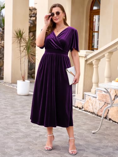 Image of BELAROI Plus Size Velvet Dresses Cocktail Party Fall Midi Dress with Pockets Wrap V Neck Empire Waist Short Sleeve L-4XL