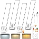 Under Cabinet Lighting with Remote Control,USB Rechargeable 180 Lumen LED Motion Sensor Light Indoor,Wireless Under Counter Light,3 Color Dimmable Closet Light for Bedroom,Wardrobe,Stairs,4 Pack