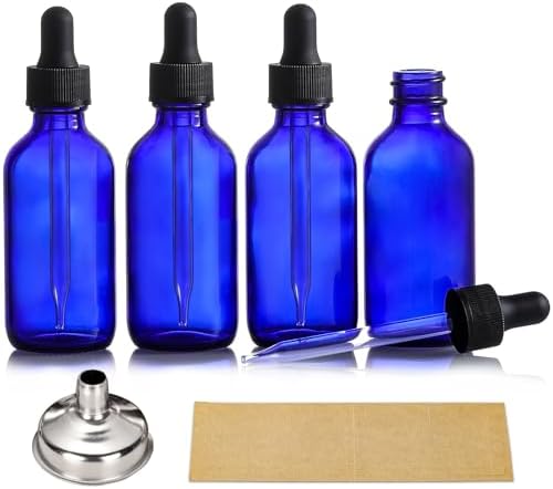 AOZITA 4 Pack, 2 oz Dropper Bottles with 1 Funnel & 4 Labels - 60ml Thick Dark Blue Glass Tincture Bottles with Eye Droppers - Leakproof Essential Oils Bottle for Health, Personal Care & Beauty