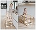 Kitchen Tower - Montessori Tower and Step Helper for Children - Foldable Table and Chair - Kitchen Helper (Lacquered/Wood Color)