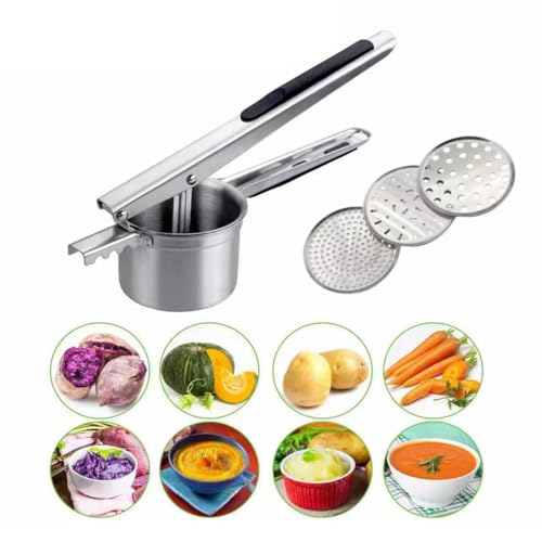 gezahnt Kartoffelpresse aus Edelstahl, Griff mit rutschfestem Silikon Kartoffelstampfer mit 3 Lochscheiben, Erdäpfelpresse für Kartoffelpüree, Obstsäfte,...