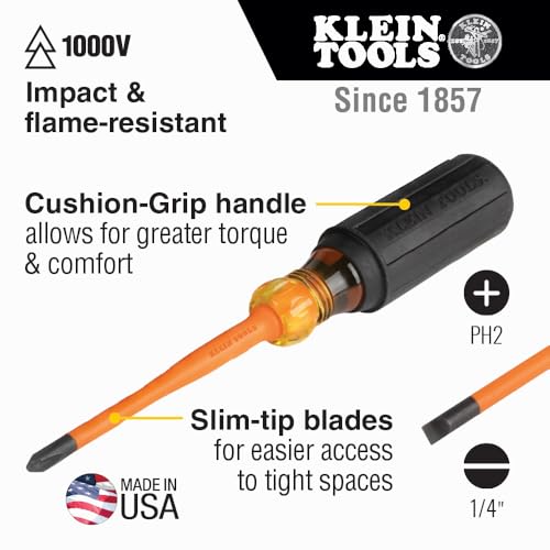Klein Tools 33732INS 1000V Slim Tip Insulated Screwdriver Set, Made in USA, #2 Phillips and 1/4-Inch Cabinet Tips, Cushion Grip Handle, 2-Piece by KLEIN TOOLS - Used condition - Image 2