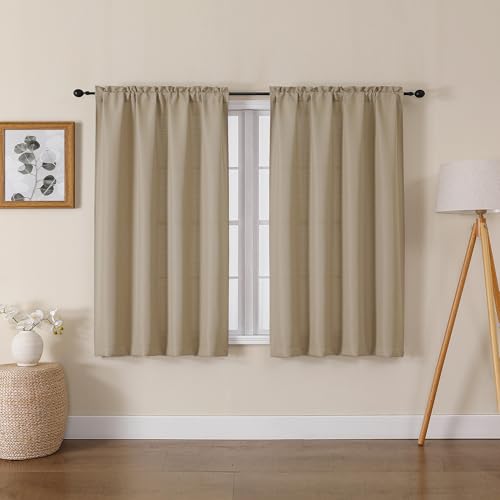 Lecloud Bessie Camel Light Filtering Short Curtains 45 Inch Length 2 Panels, Faux Linen Textured Breathable Privacy Drapes with Rod Pocket for Bedroom Home Office Kitchen, Each 30" W x 45" L