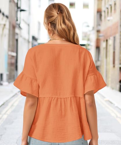 Jenbou V Neck T Shirts for Women Button Down Short Sleeve Tops Ruffle Tiered Loose Fit Peplum Tops4