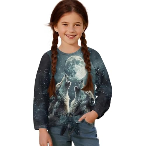 Long Sleeve Shirt for Girls Casual Loose Printed T Shirt Kids Tie Knot Front Tops Tween Girl Crewneck Tees Blouse3