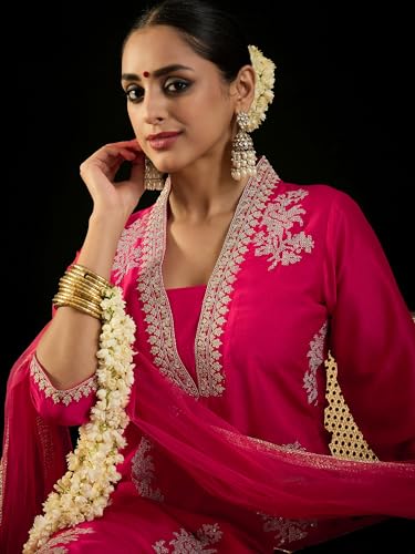 Image of INDO ERA Womens Silk Blend Embroidered Straight Kurta Pant Dupatta Set (KH9RP7952)