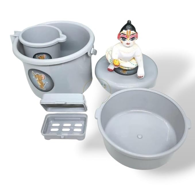 Kanha JI Small Bath Set with Bucket for laddu Gopal ji Bucket, Mug, tub,soap Dish and Stool, for Nitya puja Purpose (White)-image-19