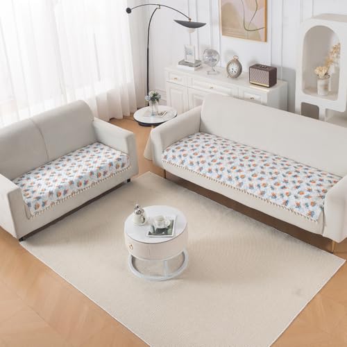 Image of HOKIPO Abstract Petals Quilted Sofa Cover 5 Seater Set with Tassels - Washable 3+2 Sofa Cover Mat |'Tassel Twigs' Series (IN-985-T10 + IN-983-T10)