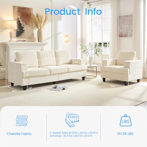 Image of PUREMIND 2 Piece Living Room Sofa Set, Chenille Upholstery 3 Seater Couch and Armchair Set, Solid Wood Frame, Modern Sectional Couches for Living Room, Office, Apartment
