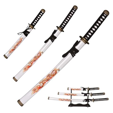 IUWEN Handmade Katana Sword,Samurai Sword Set, 3 Piece Handmade Knives, Hand Forged, White Plastic sheath printed fire dragon pattern，with a three-layer sword rack Cover