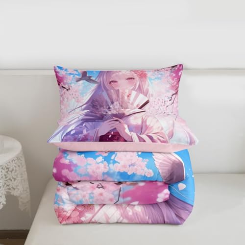 Image of Erosebridal Japanese Style Girl Comforter Set, Cartoon Anime Girl Bedding Japanese Cherry Blossoms Bed Comforter Set, Romance Room Decor, Cartoon Kawaii Girly Bedding Sets King Size 3 Pieces