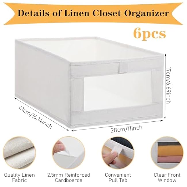 6 Pack Foldable Linen Closet Organizers, Clear Window Storage Bins Storage Containers for Clothing, Towels, Books, Shelves, Beige