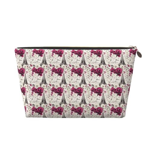Bright Pink Flower Eiffel Tower Print Makeup Bag, Cosmetic Travel Toiletry Bag for Women, Cute Leather Makeup Pouch Organizer