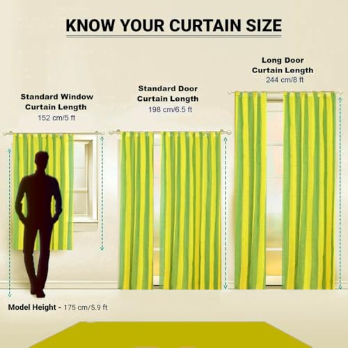 Image of Cotton Stripe and Solid Tab Top Loop Curtains Button Type Combo of 3 Pieces. (Yellow Multi, 4 x 5 ft - Window Curtain)