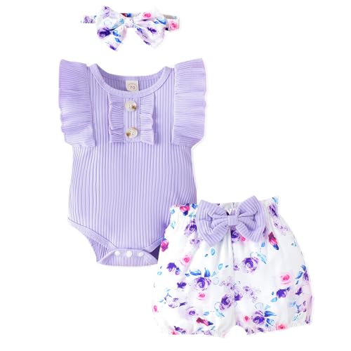Image of LUNFEGO Newborn Baby Girl Clothes Outfits Ruffle Romper and Short Pant Sets with Headband Infant Bodysuits