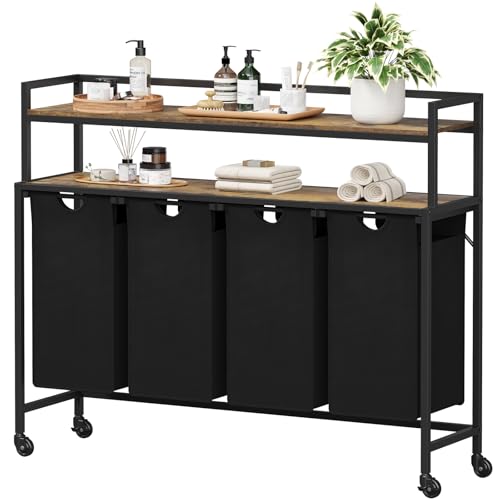 Lifewit Wäschekorb 4 Fächer, 168L Wäschesammler mit 2 Ablage und Rollen, Laundry Baskets mit herausziehbaren Säcken, Wäschesortierer für Waschküche Schlafzimmer, Rustikal Braun &Schwarz