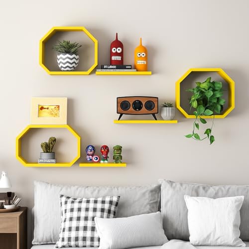 Image of Wall Mounted Floating Shelves Set of 6, Multipurpose Display, Book, Storage & Decor Shelves, Octagon Shape Wooden Wall Shelf for Living Room, Bedroom, Kitchen (Yellow)