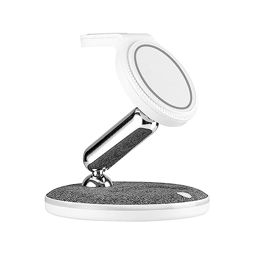 Geonav Carregador de Mesa por Indução 3 em 1, Compatível com carregamento por Indução padrão QI, Dobrável, Acompanha carregador 20W e Bolsa protetora, CH31MAG, Branco/Cinza