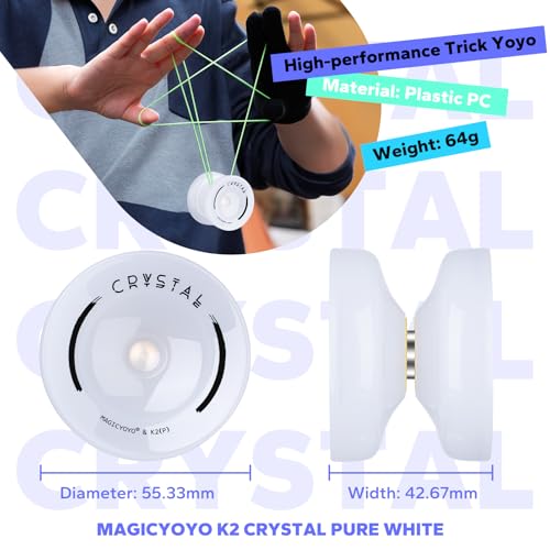Image of MAGICYOYO K2 Crystal Yoyo for Kids 8-12 & Beginners, Durable Plastic Responsive Yoyo Professional with Finger Spin Function, Includes 12 Yo-yo Strings, Yo yo Glove & Bag (Pure White)
