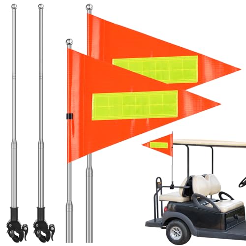 Hicarer 2 Set Reflective Golf Cart Flag Pole Kit Golf Cart Flag Holder Accessories Orange Safety Mount With Reflective Stripe Adjustable Height Flagpole Wheelchairs(Classic)