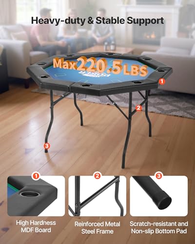 VEVOR klappbarer Pokertisch für 8 Spieler (1325 mm) Kasino-Freizeittisch mit gepolsterten Schienen & Getränkehaltern, achteckige tragbare Spieltische mit Filz- und Metallbeinen Texas Hold’em Poker
