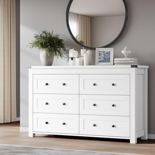 Image of BORNOON 6-Drawer Dresser, Modern Wooden Storage Chest of Drawers, Dresser TV Stand, Wood Drawer Organizer with Metal Handles for Bedroom, Living Room, Hallway