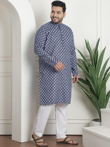 Image of SOJANYA Plus (Since 1958) Men's Cotton Blend Printed Kurta with White Churidar Pyjama