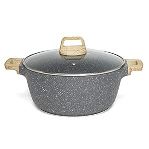 Ecolution Farmhouse Cast Aluminum, Durable Nonstick Coating, Stainless Steel Base, Even Heating, Dishwasher Safe, Wood Look Handle, 6-Quart Dutch Oven, Grey Speckle