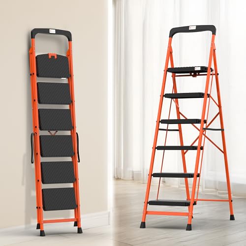 BonKaso Premium Steel Multipurpose Climb Easy Anti-Slip 6-Step Foldable Ladder with Safety Clutch Lock, Support Handle and Tool Tray for Home - (Orange & Black)