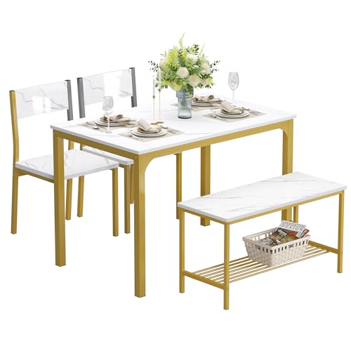 SDHYL - Juego de mesa de comedor con 2 sillas y 1 banco con estante de acero para 4 personas, color blanco y dorado