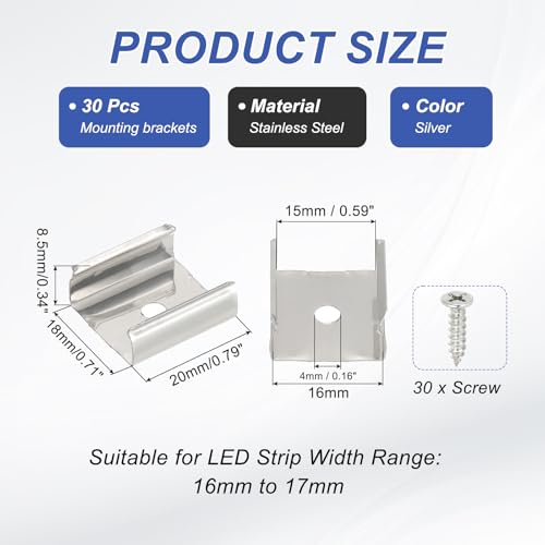 Image of PATIKIL LED Strip Clips, 30pcs Stainless Steel Mounting Brackets Fixing Clip Clamp Support Holder with Screws for 16mm to 17mm LED Strip Lighting Cable