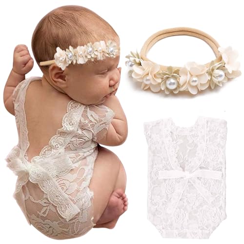 Newborn Photography Outfits Lace Ribbon Romper White