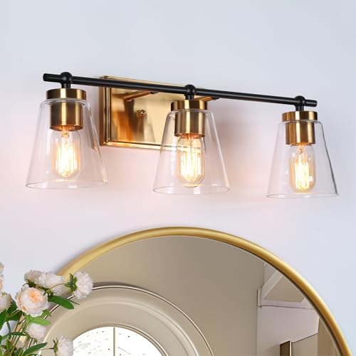Image of KSANA Bathroom Light Fixtures, 3-Light 22'' Matte Black and Imitation Electroplated Copper Vanity Lights with Clear Glass Shade, Modern Farmhouse Black and Gold Brass Bathroom Lighting Over Mirror