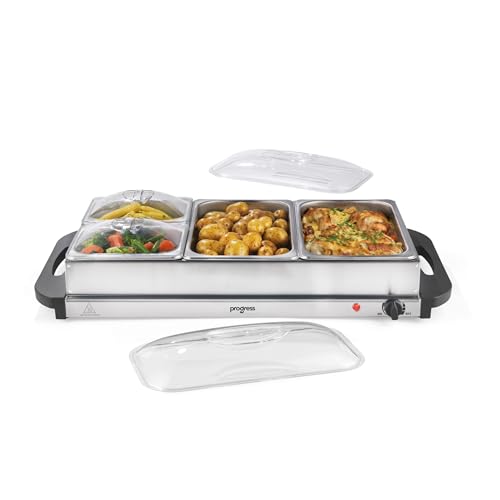 Progress 4-Pan Buffet Server – Electric Hot Plates/Stove, 7.5L Total Capacity, Warming Tray, Adjustable Temperature Control, Parties, Family Dinners, Keep Food Warm, Power Indicator Lights, 300W