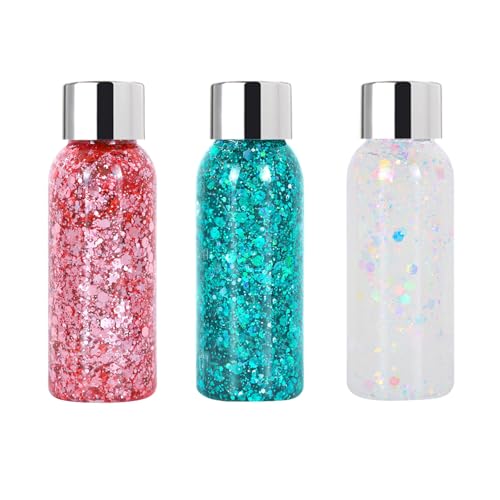 Body Glitter Gel 3 butelki, Mermaid Sequins, festiwalowy brokatowy twarz, odpowiedni do twarzy, warg, włosów, paznokci, maskarady, na urodziny