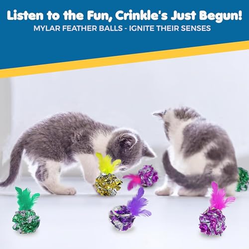 Image of SunGrow Mylar Crinkle Balls with Feathers, 2.5-Inches, Shiny Stress Buster Crinkler, Suitable for Multiple Cats' Engagement, Ideal for Kittens and Grown-up Cats, 20-Pcs