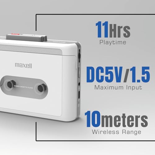 Image of Maxell Wireless Bluetooth Cassette Player, USB-C Fast Charge | Play cassette tapes over Bluetooth - 11 hours playtime, optional headphone jack, fast USB-C charging